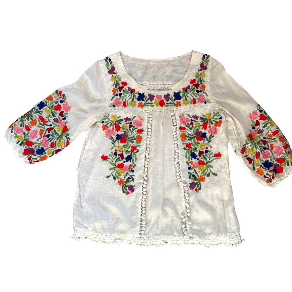Vanessa Virginia Anthropologie Women's Peasant Blouse Embroidered Pom Pom Boho - Picture 2 of 12